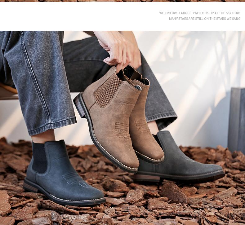 Men's Western cowboy boots, square-toe Chelsea boots, casual and retro, stylish and classic, comfortable and versatile. The simple design is suitable for office wear, outdoor activities, and everyday use.