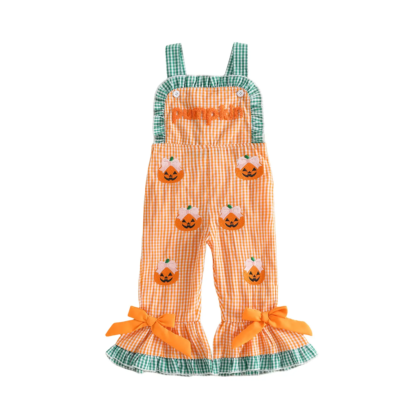 Kids Girls Halloween Overalls Clothes for Casual Daily | Plaid Pumpkin Flare Pants