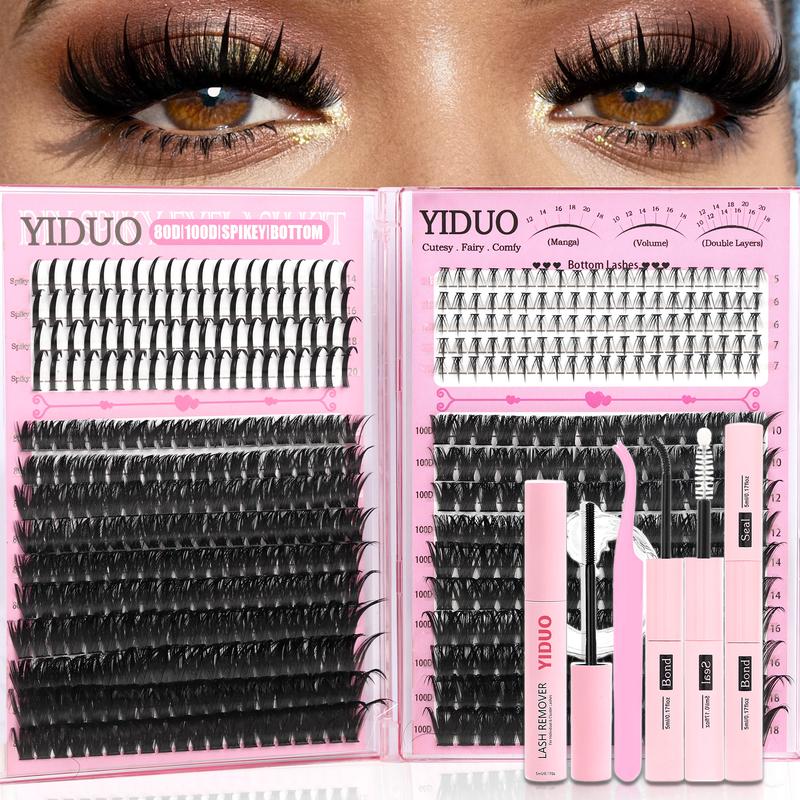 4 Styles Eyelash Cluster Kit Bottom/Spiky/200D/300D Volume Lash Clusters Kit 5-20mm 420Pcs Volume D-Curly Eyelash Glue Extension Eyelash Extensions Kit with Lash Bond and Seal Tweezers Remover DIY at Home Easily
