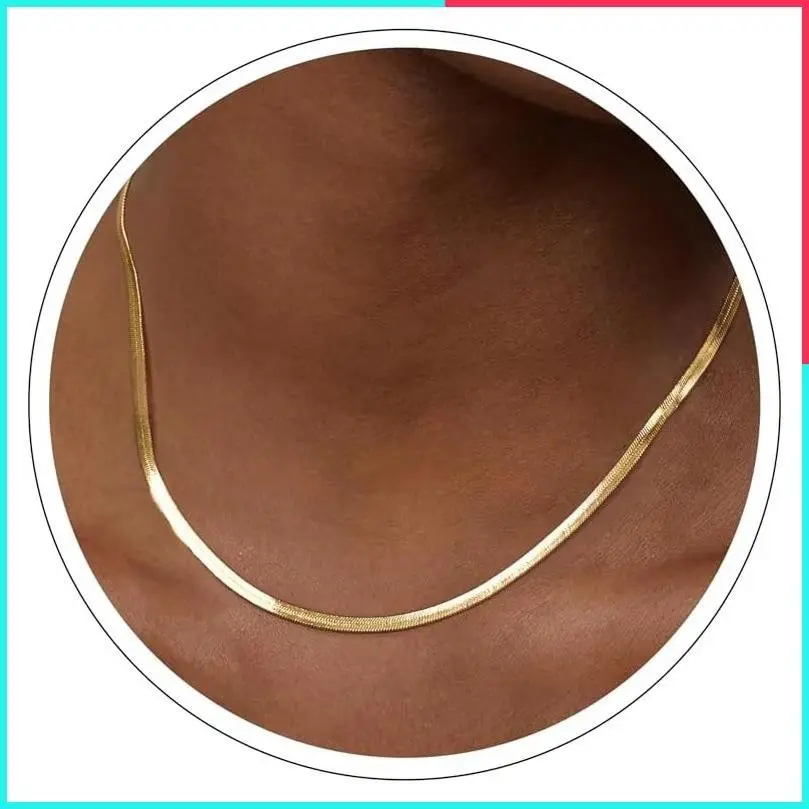 14K Gold Plated Herringbone Necklaces for Women, Dainty Non Tarnish Gold Snake Choker Chain, Trendy Simple Thin & Chunky Options 1.5/3/5/6/8mm Jewelry Gifts