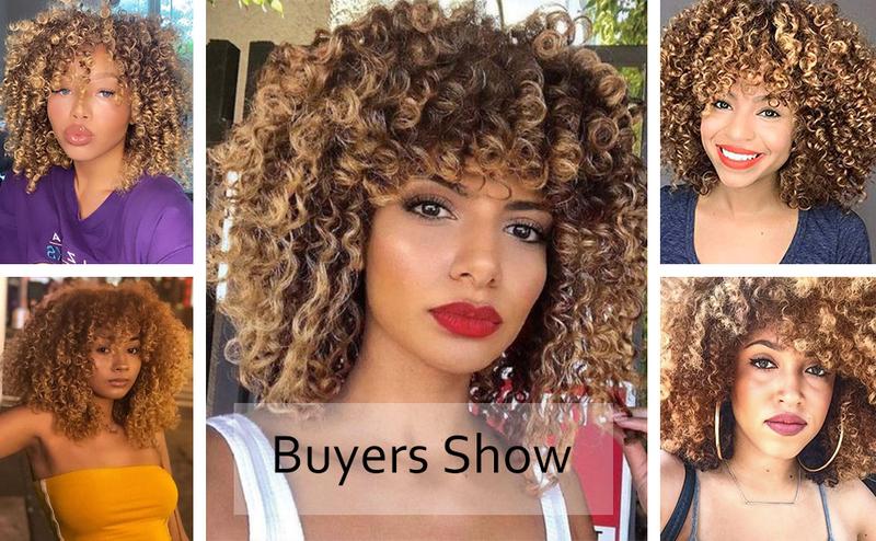 Xinran Blonde Curly Afro Wigs for Black Women, Blonde Kinky Curly Wig With Bangs, Synthetic Heat Resistant Fiber Afro Blonde Curly Wig for Daily Use