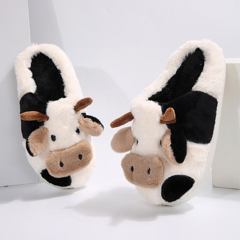 Cartoon Cow Cotton Slippers, Winter Indoor Outdoor Slippers for Women