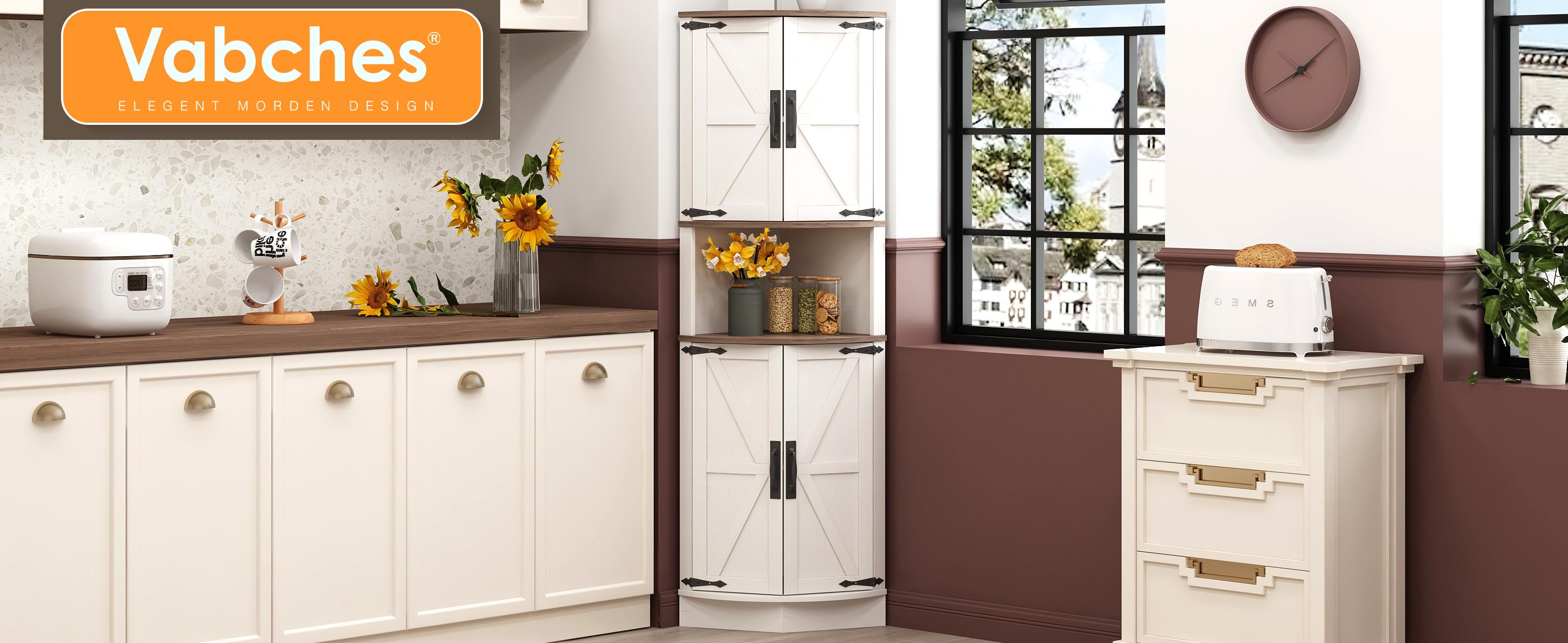 Vabches 64.8" Tall Farmhouse Corner Cabinet with 4 Doors and 5 Storage Shelves, Farmhouse Storage Cabinet with Barn Door Design, Home Space Saver for Living Room, Kitchen, Laundry Room