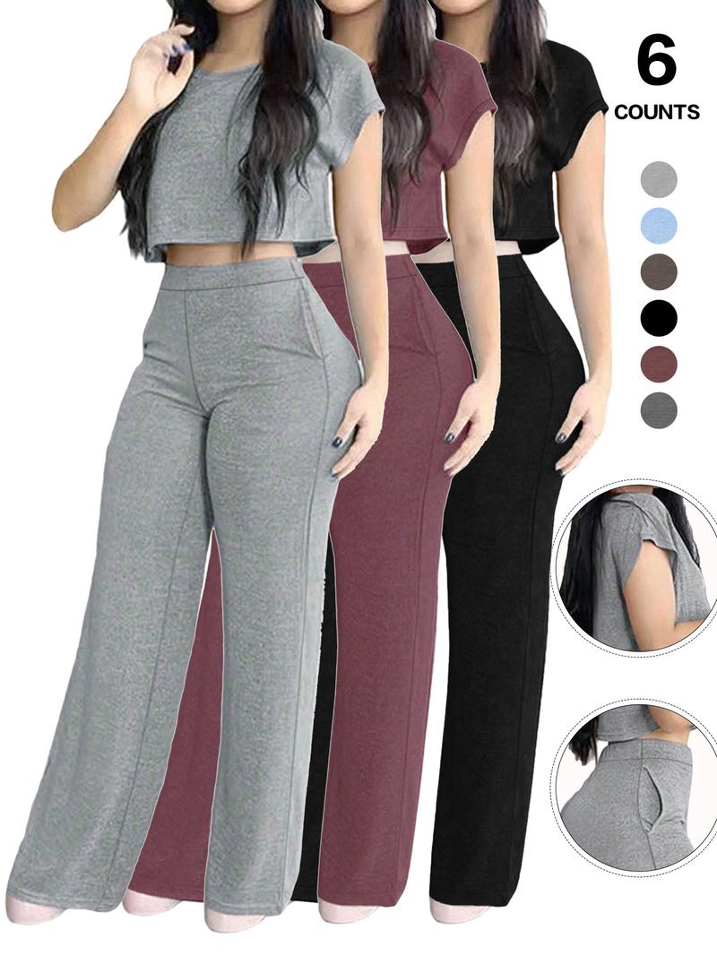 Women's Casual Elegant Solid-Color Suit Set, Short Top & High-Waisted Pants with Pockets, Comfortable Sporty Two-Piece