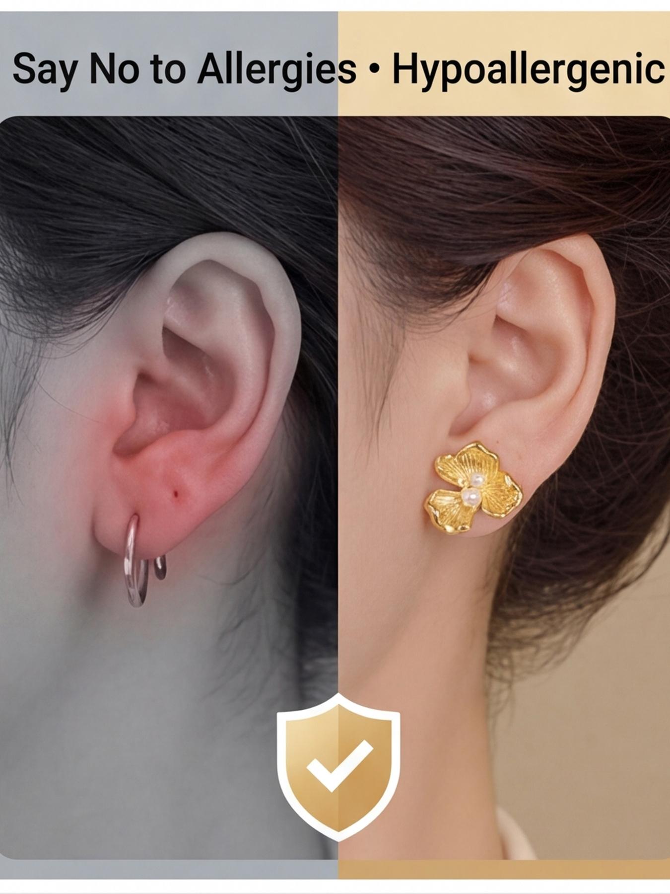 Women's Hypoallergenic Vintage Textured Flower Pearl Stud Earrings, Gold Plated 3 Petal Floral Pearl & Rhinestone Inlaid Dainty Earrings, New Chinese Style Fashion Jewelry for Everyday Wear Office Wedding & Gift