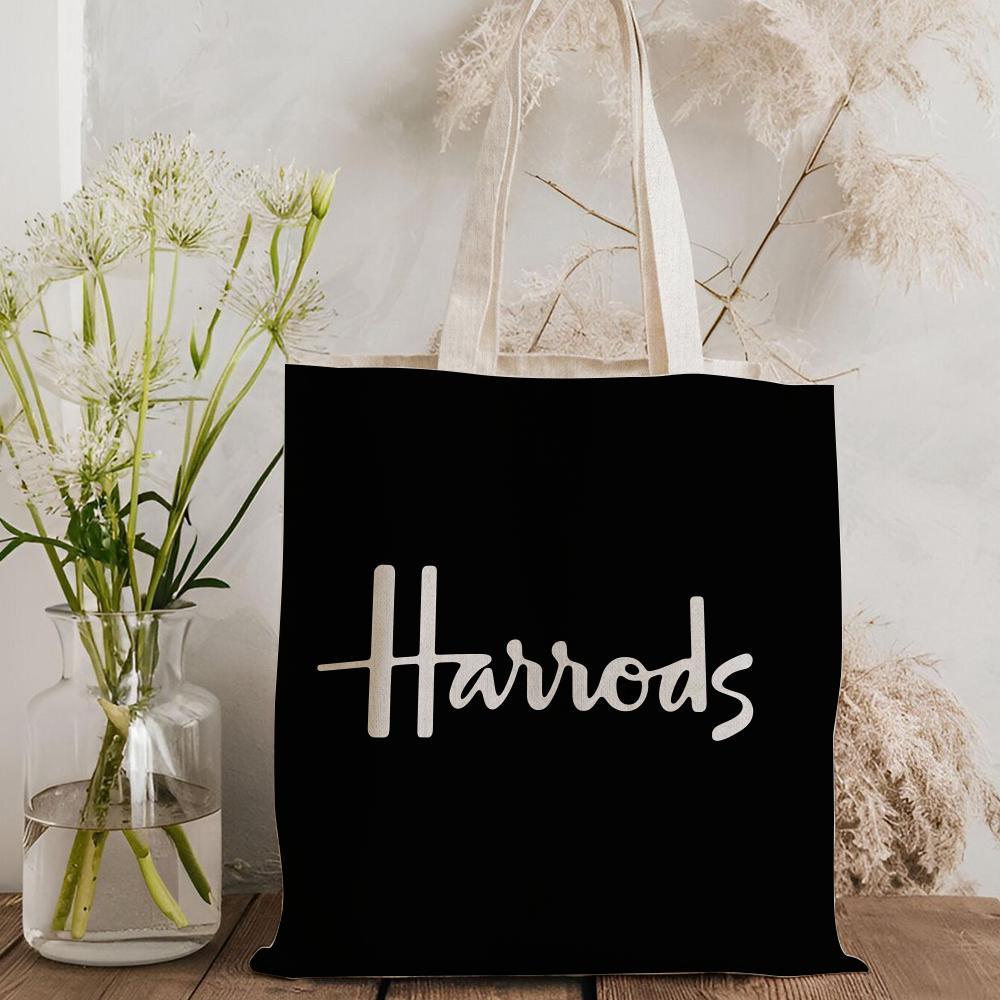 London L-Harrods Knightsbridge Storage Bags Canvas Double-Sided Print Black and White Tote Bag Large Capacity Shoulder Students Festive Fashion Eco Outdoor Picnic Travel High Quality Shopping Bag Machine Washable
