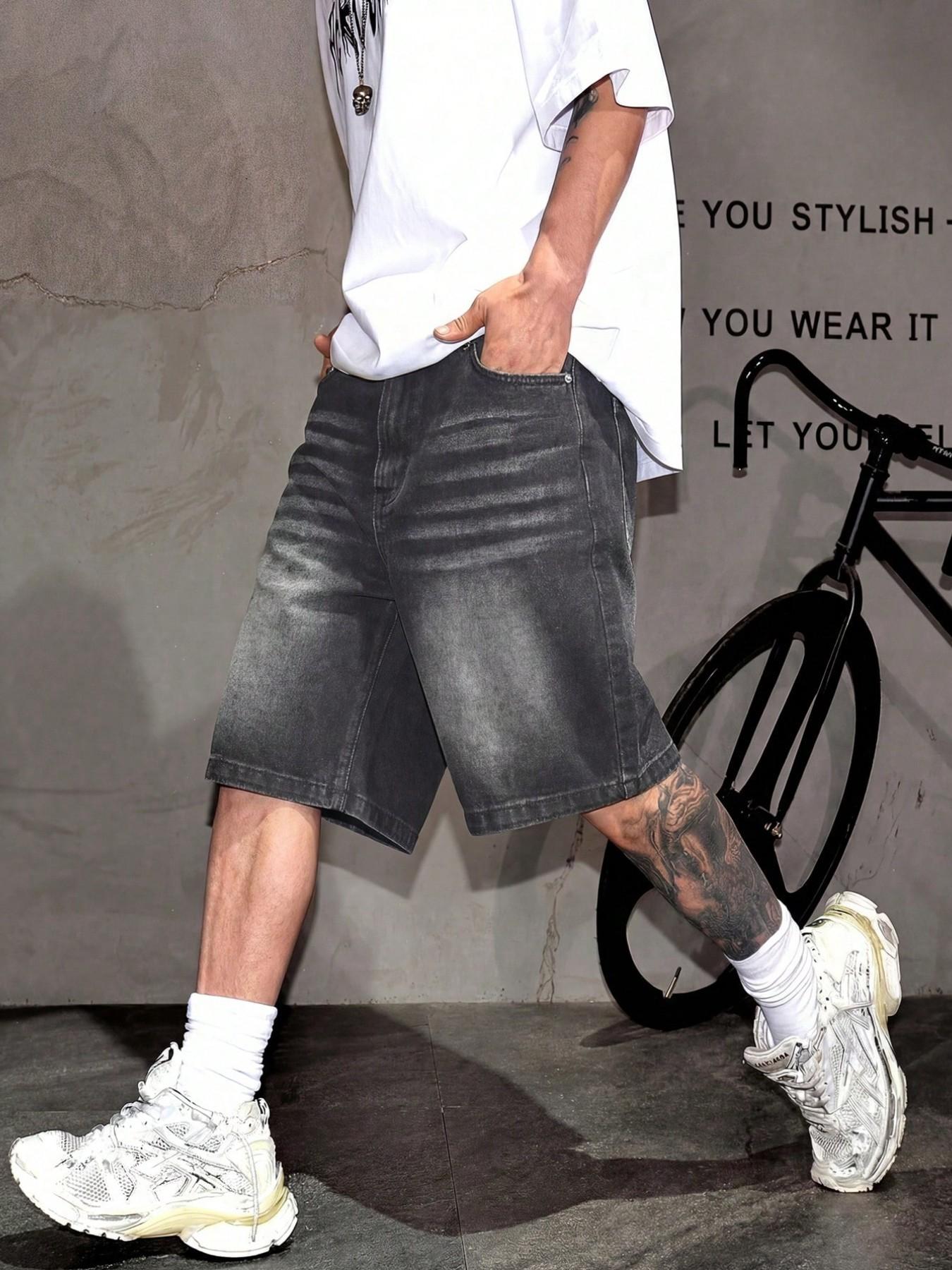 Men's Fashion Street Style Loose Fit Denim Shorts, Casual Mid Waist Zipper Fly, Plain Pattern, Daily Wear, Comfortable and Stylish