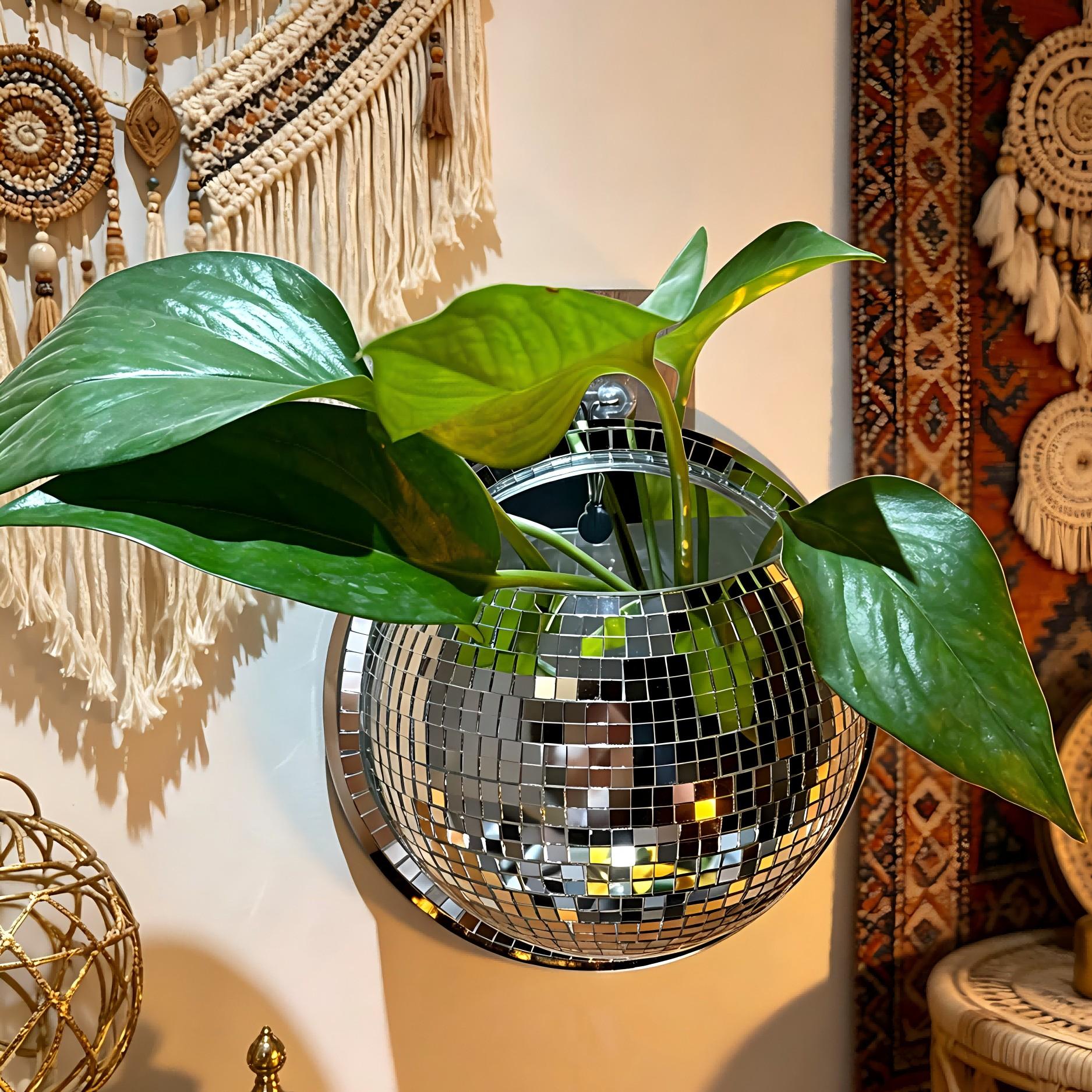 Wall-Mounted Disco Vase, Mirror Creative Hydroponic Pot, Wall-Hanging Decorative Planter, Flashing Mirror Refraction, Ideal for Bedroom, Balcony, Living Room, Entryway