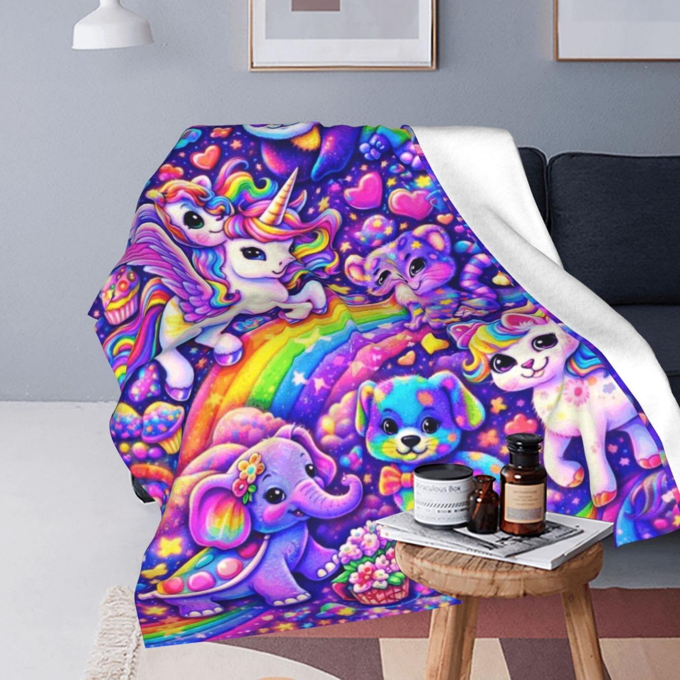 Polyester Full-Print Magic Animals Flannel Throw Blanket - Cute Rainbow Unicorn, Elephant, Puppy, Leopard Designs, Soft Lightweight Warm, Multi-Use for Sofa/Bed, Indoors/Outdoors, Gift for Kawaii Aesthetic Lovers