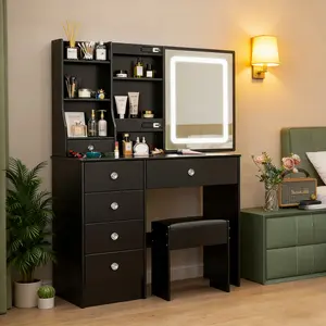 Black Makeup Vanity Desk Stool Set with LED Lighted Sliding Mirror & 6 Drawers hollywood bulb