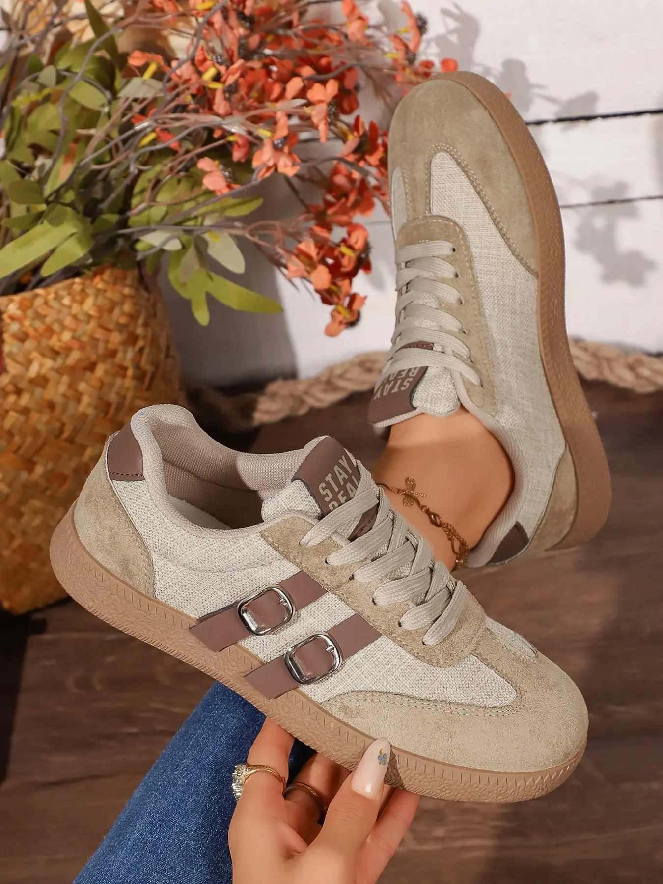 Vintage Marled Women's Trainer Sneaker Shoes, Dual Buckle Decoration, Light Patchwork, All-Season Casual Sports Shoes, Comfortable Soft Sole