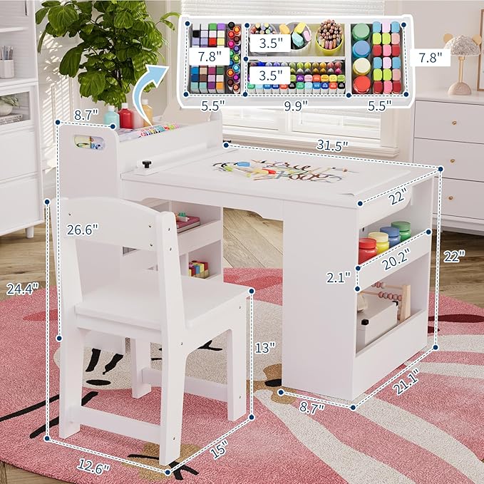 49" Art Table, Large Craft Table with 2 Chairs, Multi-Functional Art Desk with Storage Shelves for  Playroom,School