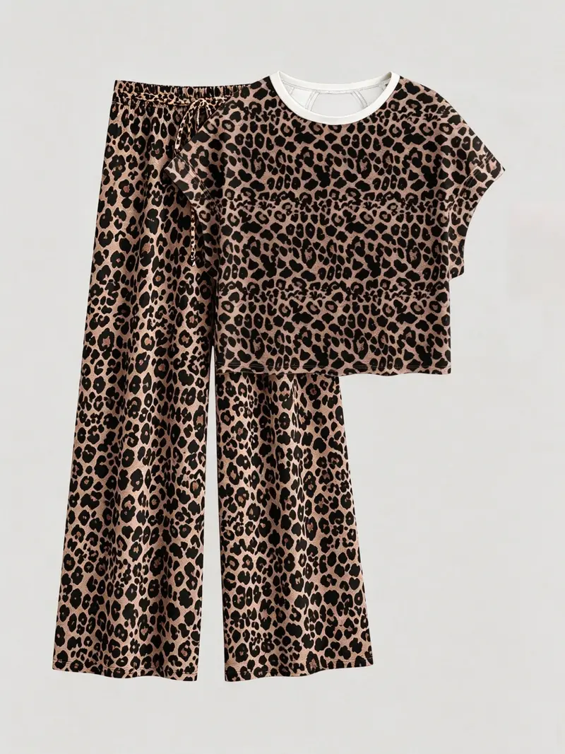 Women's Leopard Print Casual Loungewear Homewear Pajamas Two-Piece Set, Round Neck Short Sleeve Backless Top & Lounge Long Pants, Comfortable Wear, Casual Loungewear Sleepwear