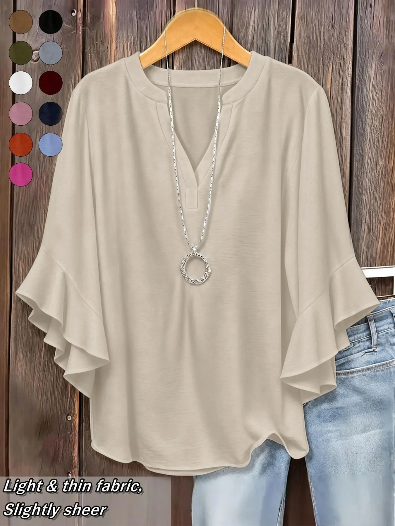 Plus Size Women's Ruffled Sleeve V-Neck Shirt Blouse Tops, Bohemian Ruffle Sleeves, Elegant Floral Design, Comfortable and Stylish, Perfect for Everyday Casual Wear