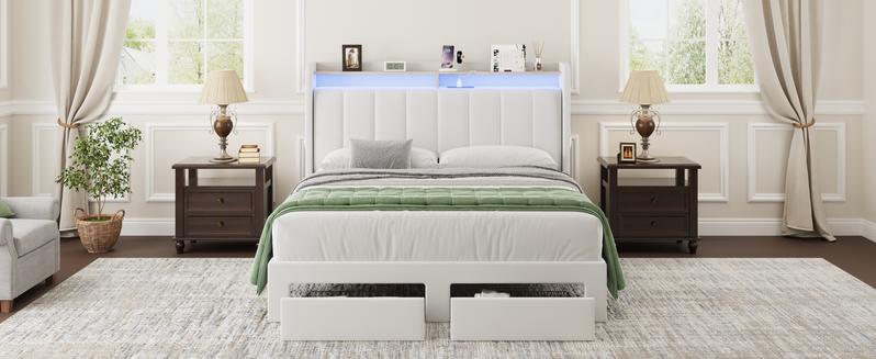 MUTICOR Upholstered Bed Frame with LED Shelf Headboard & 2 Drawers, Linen or Velvet Fabric, Smart Outlets,Full/King/Queen Bed Frame, No Box Spring Needed#TikTokShopBlackFriday #ChristmasGifts MUTICOR Upholstered Bed Frame with LED Shelf Headboard & 2 Drawers, Linen or Velvet Fabric, Smart Outlets,Full/King/Queen Bed Frame, No Box Spring Needed#TikTokShopBlackFriday #ChristmasGifts