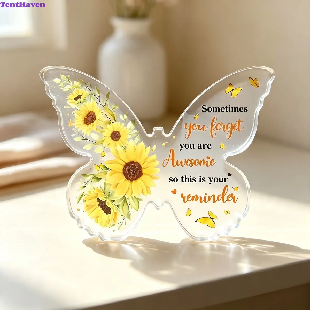 Acrylic Decorative Plaque with Butterfly & Sunflower Design, Novelty Desk Sign Ornament, Mothers Day Gifts for Women, Acrylic Desktop Decoration, Mom Gift, Room Decor, Fashion Unisex, 1-Count, Living Room Decor, Home Decor Products
