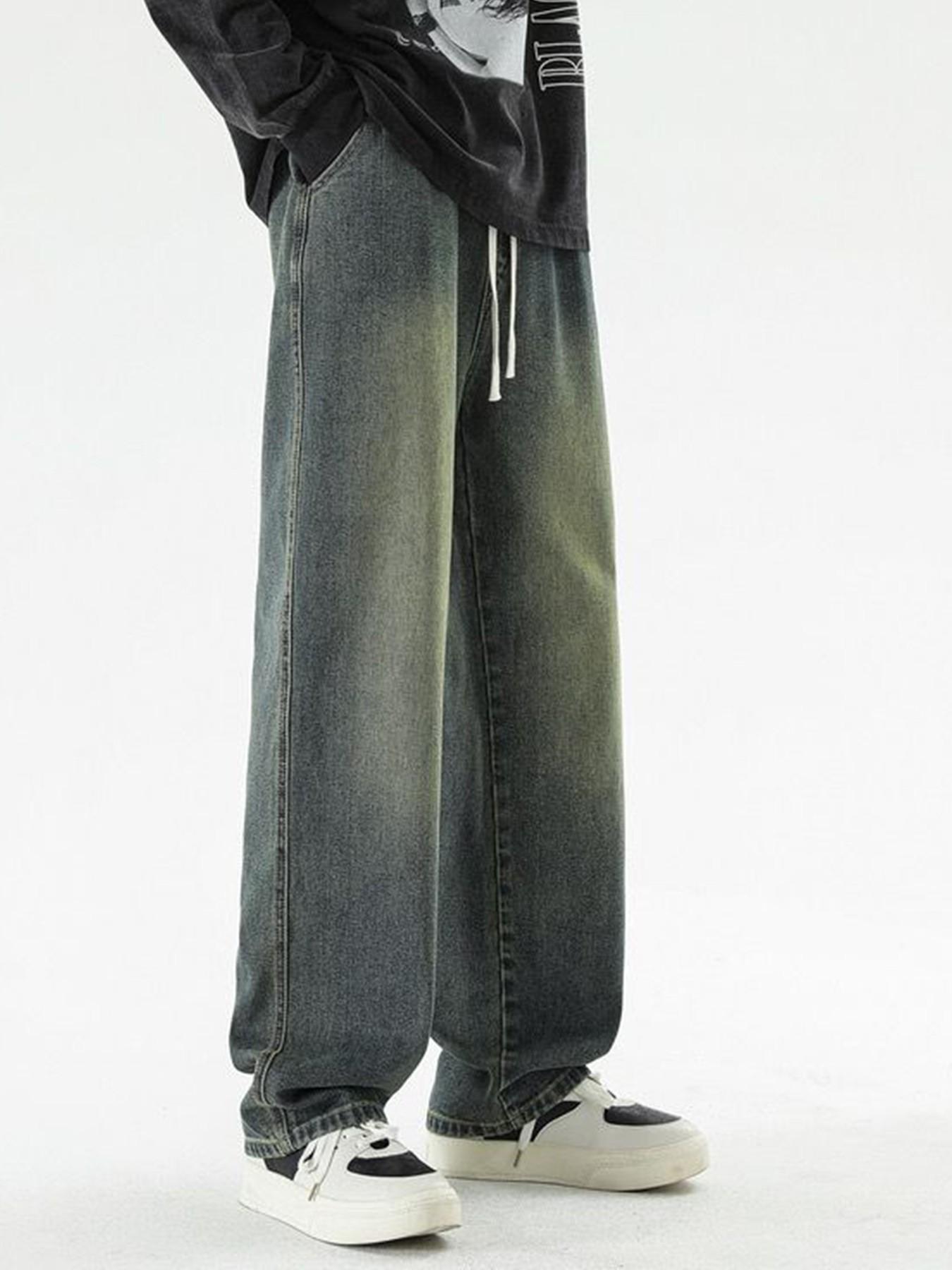 Men’s Charcoal Gray Washed Jacquard Jeans with Drawstring Waist, Baggy Wide Leg Casual Streetwear Denim Pants