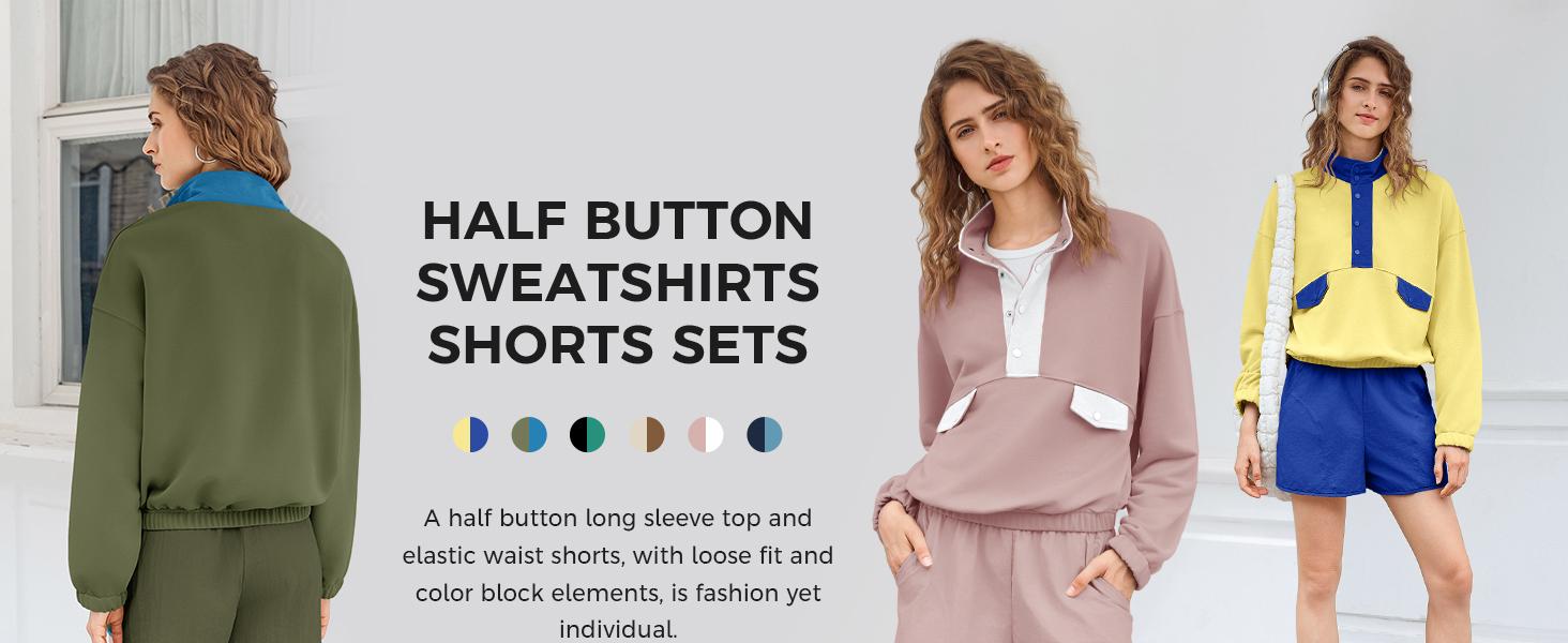 Fisoew Womens 2 Piece Outfits Sweatsuits Casual Snap Color Block Sweatshirts Running Shorts Sets Fall Loose Tracksuits FallFreshness SpringStatements