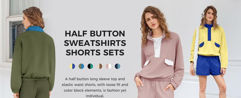 Fisoew Womens 2 Piece Outfits Sweatsuits Casual Snap Color Block Sweatshirts Running Shorts Sets Fall Loose Tracksuits FallFreshness