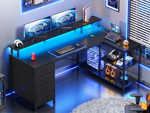 SEDETA 47.2 Inch L Shaped Desk with 4 Drawers and Storage Shelves L Shaped Gaming Desk with LED Lights Power Outlets