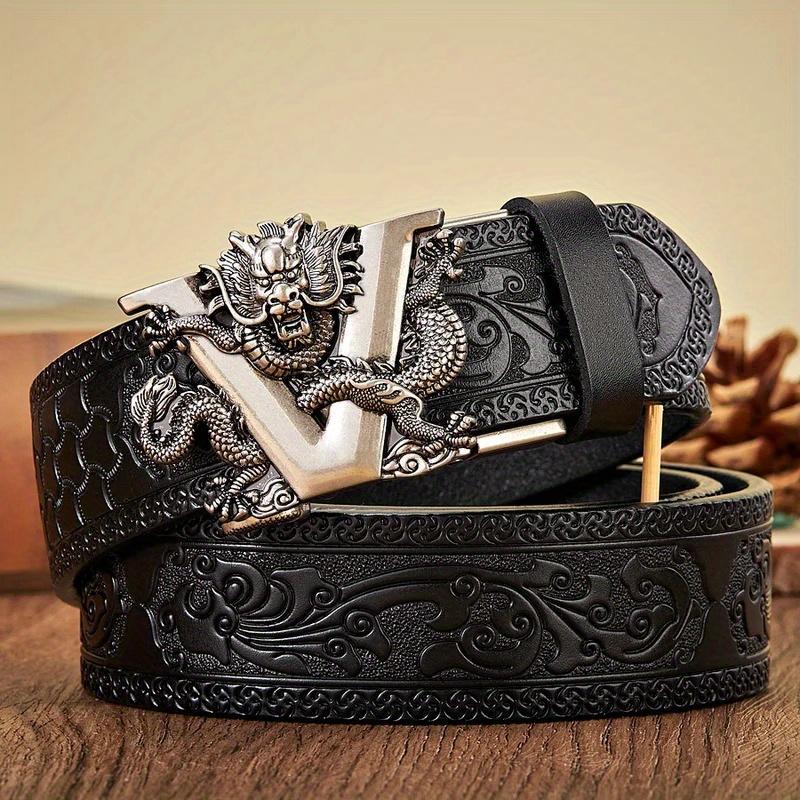 Men's Ratchet Leather Belt Engraved Vintage Dragon Leather Ratchet Belt for Men Eagle Button Belt Adjustable Brown