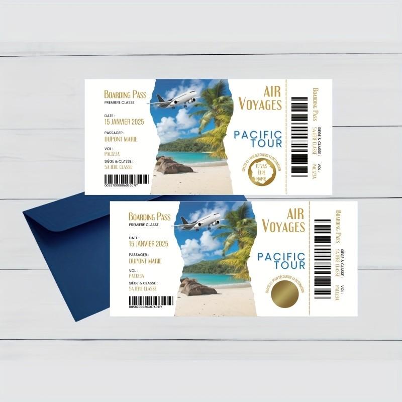 5 French Travel Reveal Scratch Cards, Pacific Journey Gift Card, Creative Grandparent Pregnancy Announcement, Tropical Vacation Ticket, Unique Surprise Gift