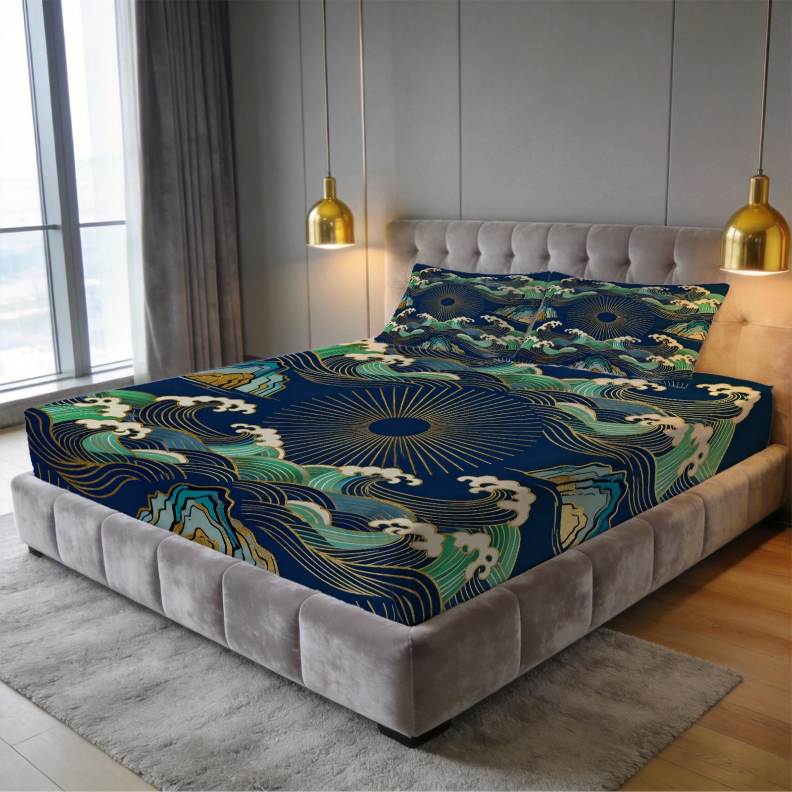 3 Piece Japanese Wave Sun Fitted Sheet Set, Navy Blue Gold Foil Great Wave HD Digital Print Bedding Set, Soft Breathable Deep Pocket Bed Sheet for Bedroom & Dorm, Machine Washable (Insert Not Included)