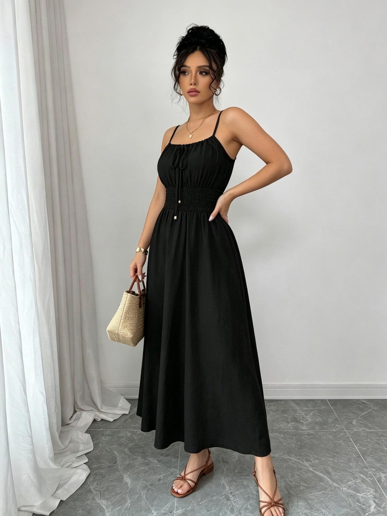 A women's fashionable and high-end French gentle style waist cinching spaghetti strap camisole dress with lace up bead design, suitable for summer, beach wear, dates, dinners, and travel Straps Summer Dress