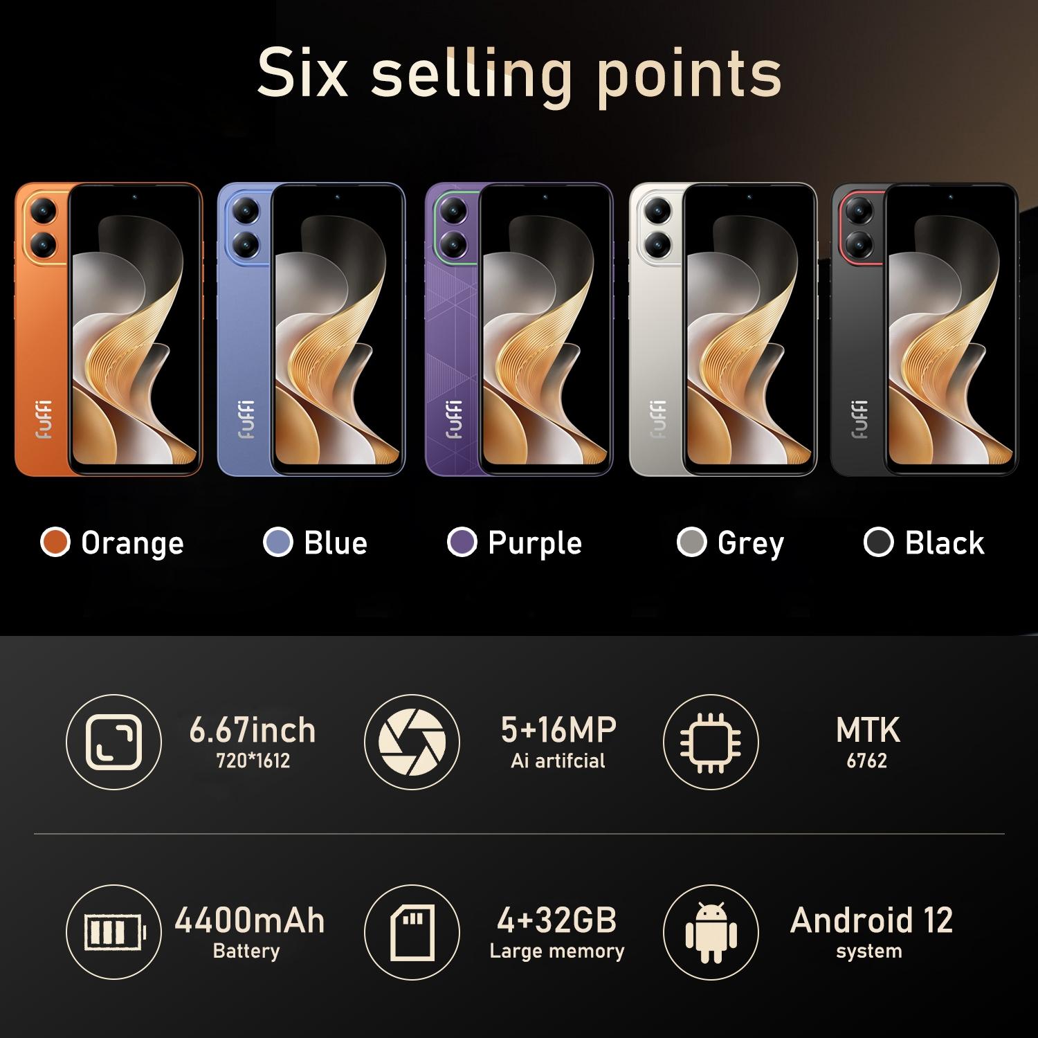 Fuffi Smartphone RGB Light Effect, 6.67-Inch HD Screen, 4GB RAM 32GB/64GB ROM, 16mp Camera, 4400mah Battery, Dual Sim Android 12