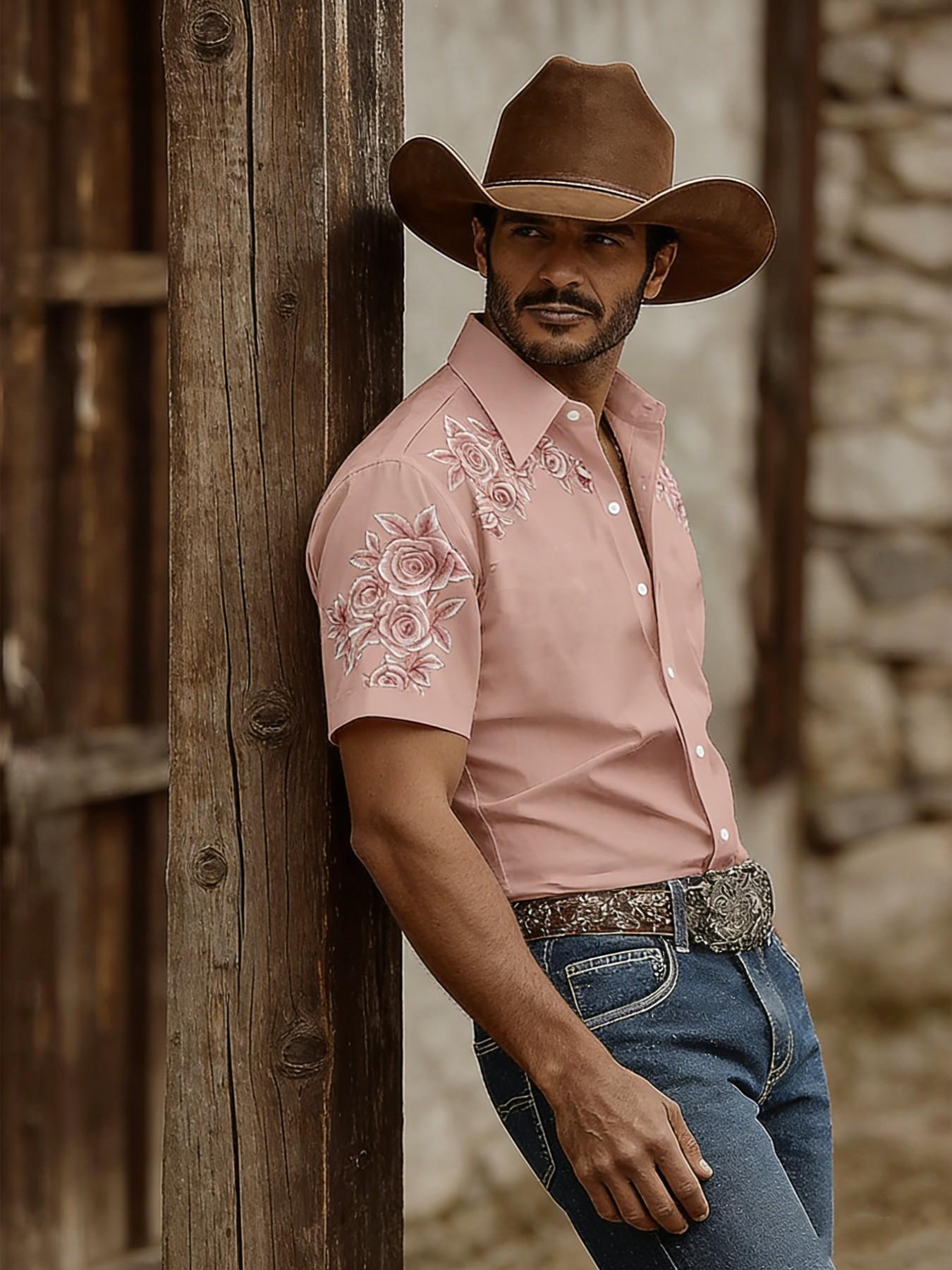 Men's Western Cowboy Style Rose Print Short Sleeve Shirt, Summer Casual Versatile Top, American Vintage Fashion