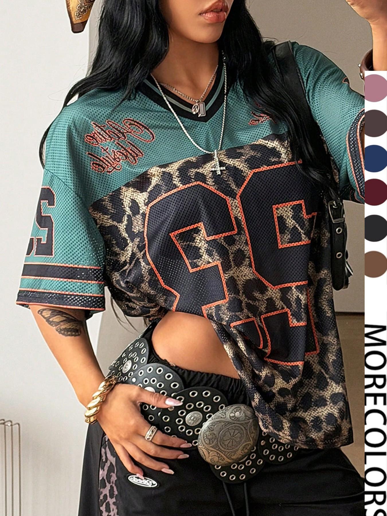 Y2K Retro Style Peregrinate 23 Leopard Print Jersey Top, Loose Fitted V-Neck Sport Tee, Hip-Hop Athletic Fashion Streetwear for All Seasons