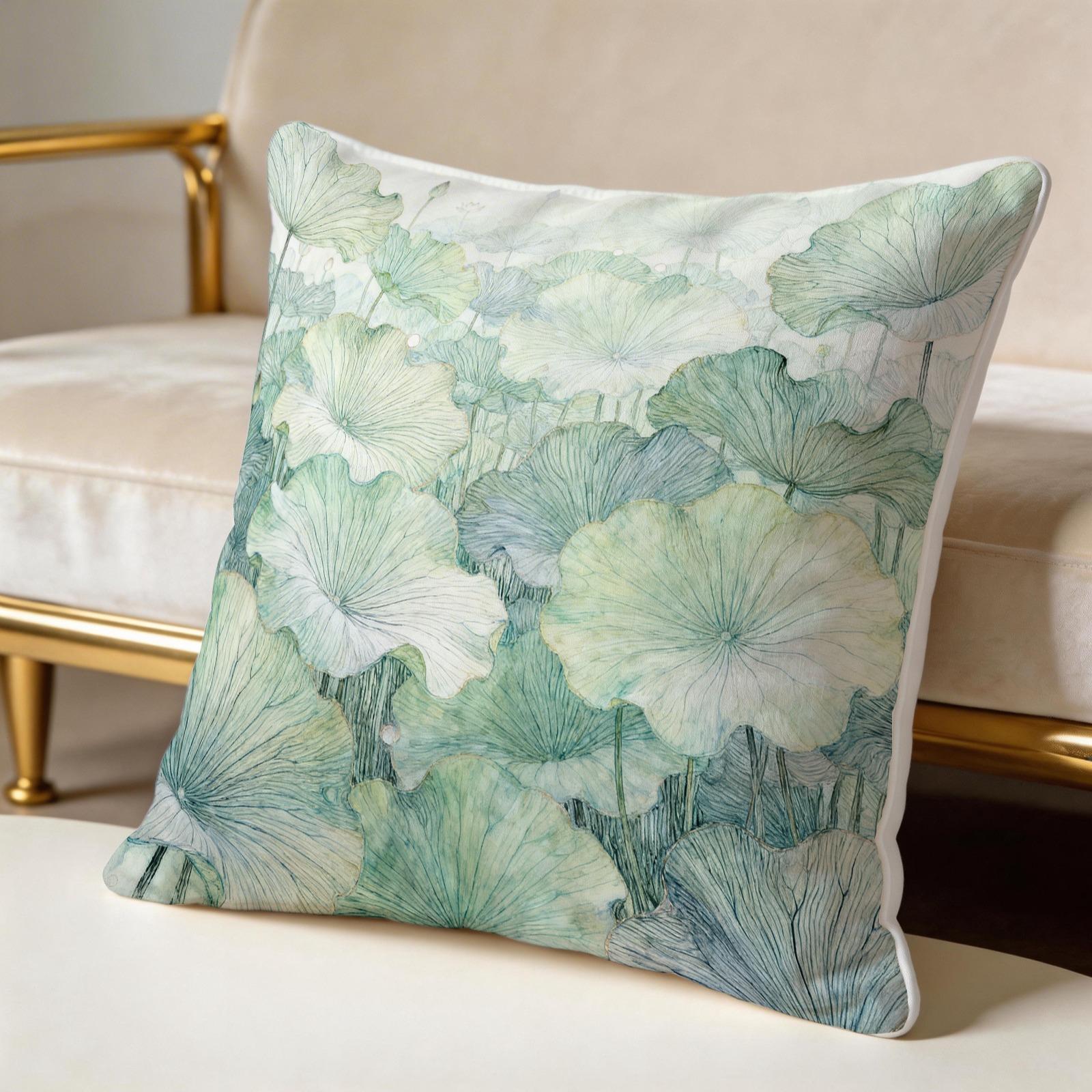 1 Piece Watercolor Lotus Leaf Throw Pillow, Green Lotus HD Digital Print Decorative Accent Pillow, Soft Cushion with Invisible Zipper for Couch Bed Sofa, 18x18 Inch (No Insert)