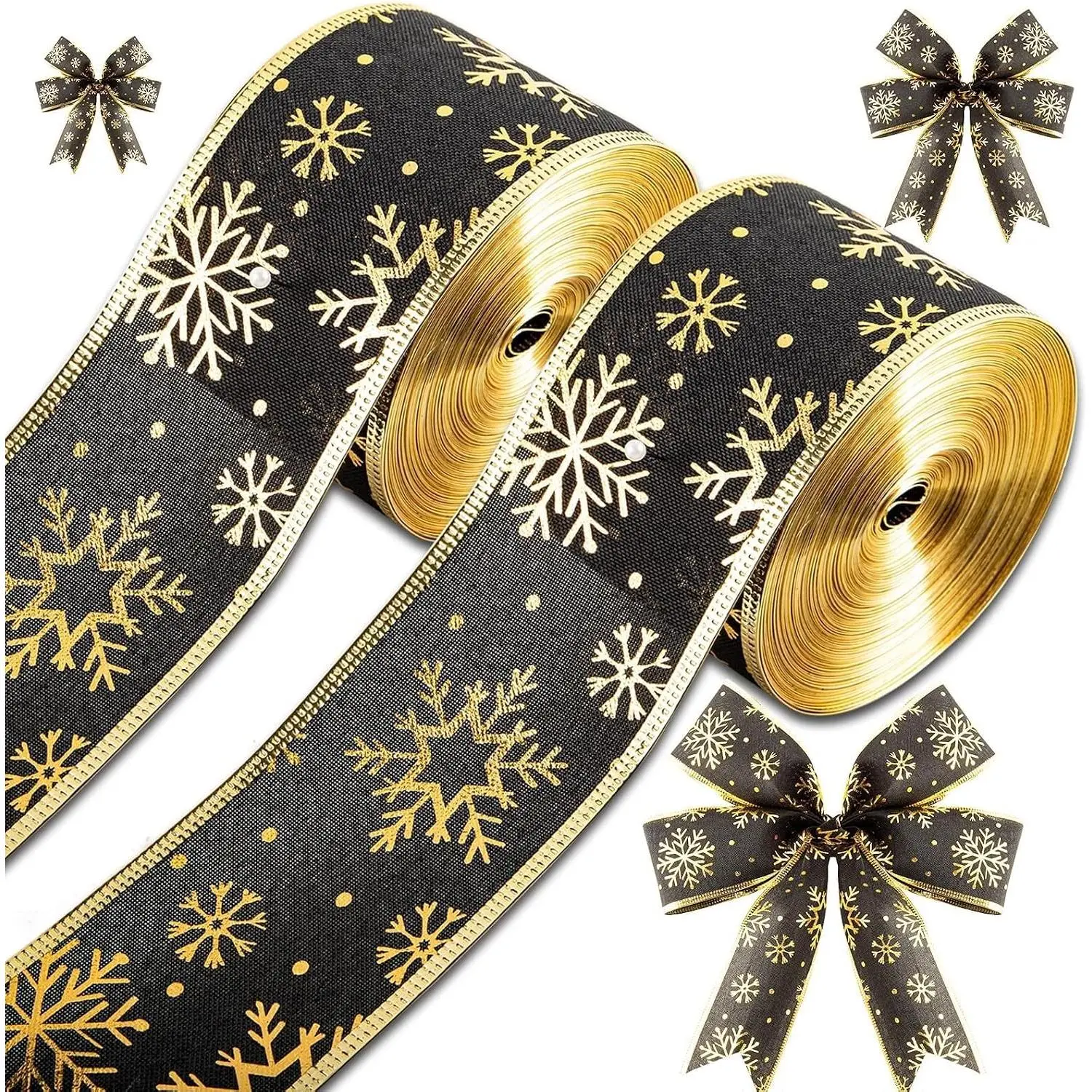 2 Rolls 40 Yards Christmas Snowflake 2.5 Inch Black &  Wired Glitter Ribbon for Tree & Party Decoration
