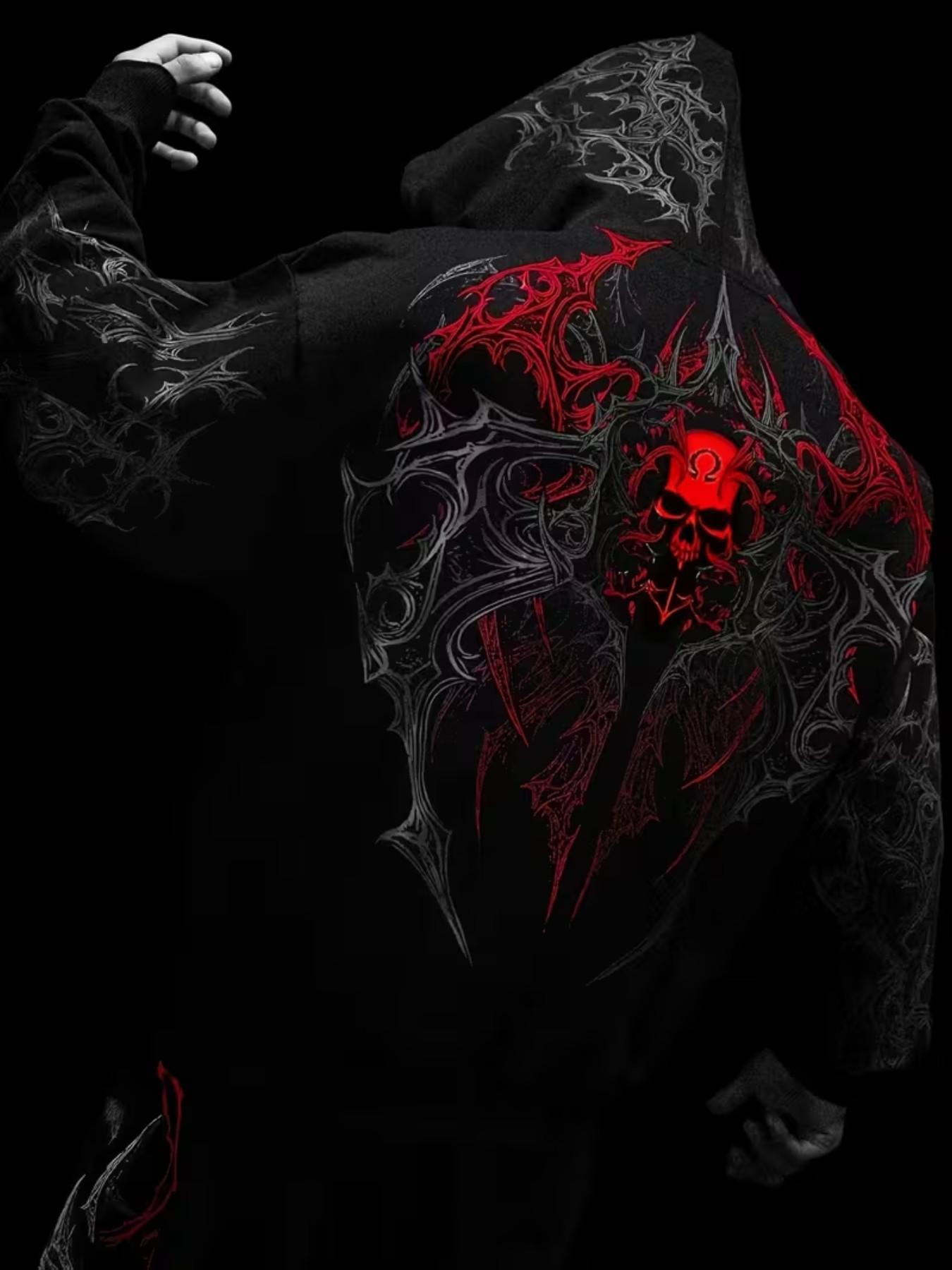 Men's Printed Hoodie, Winter Sportswear, Casual Kangaroo Pocket, Warm Wool Lined Pullover, Full Zipper, Print, Fall & Winter Clothing, Casual Fit Streetwear