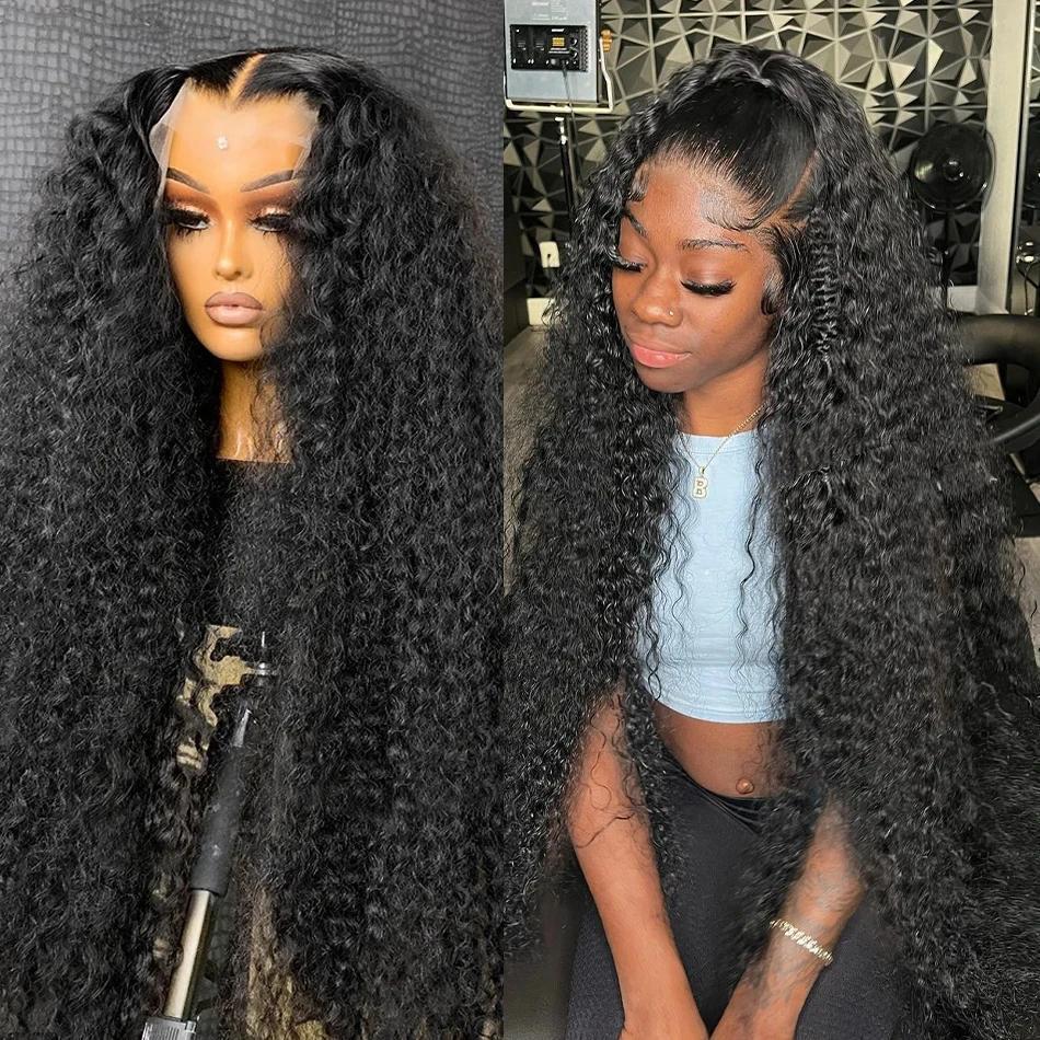 34Inch 200% Density Deep Wave Lace Front Wigs Human Hair 13x4 HD Lace Front Wigs Blended Hair Jerry Curly Glueless Lace Wigs Pre Plcked 13x6 Deep Part Curly Lace Frontal Wig For Women With Baby Hair Wet And Wavy Wig Natural Black Color