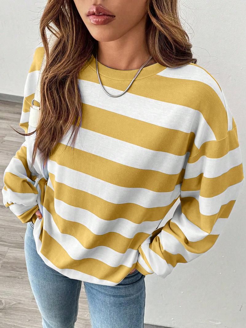 Women's Loose-Fit Striped Round Neck T-Shirt, Casual Comfort Top for Fall & Winter