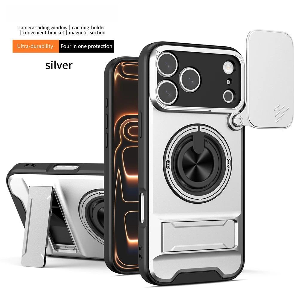 Phone Case: 3pcs Set[1 Phone Case+2 Screen Protectors] Luxury Multi-Functional Creative Push Window Rotating Ring Stand Phone Case Compatible with iPhone 17 16 15 14 13 12 11 Pro Max Plus Durable Fashion Magnetic Wireless Charging Shockproof Lens