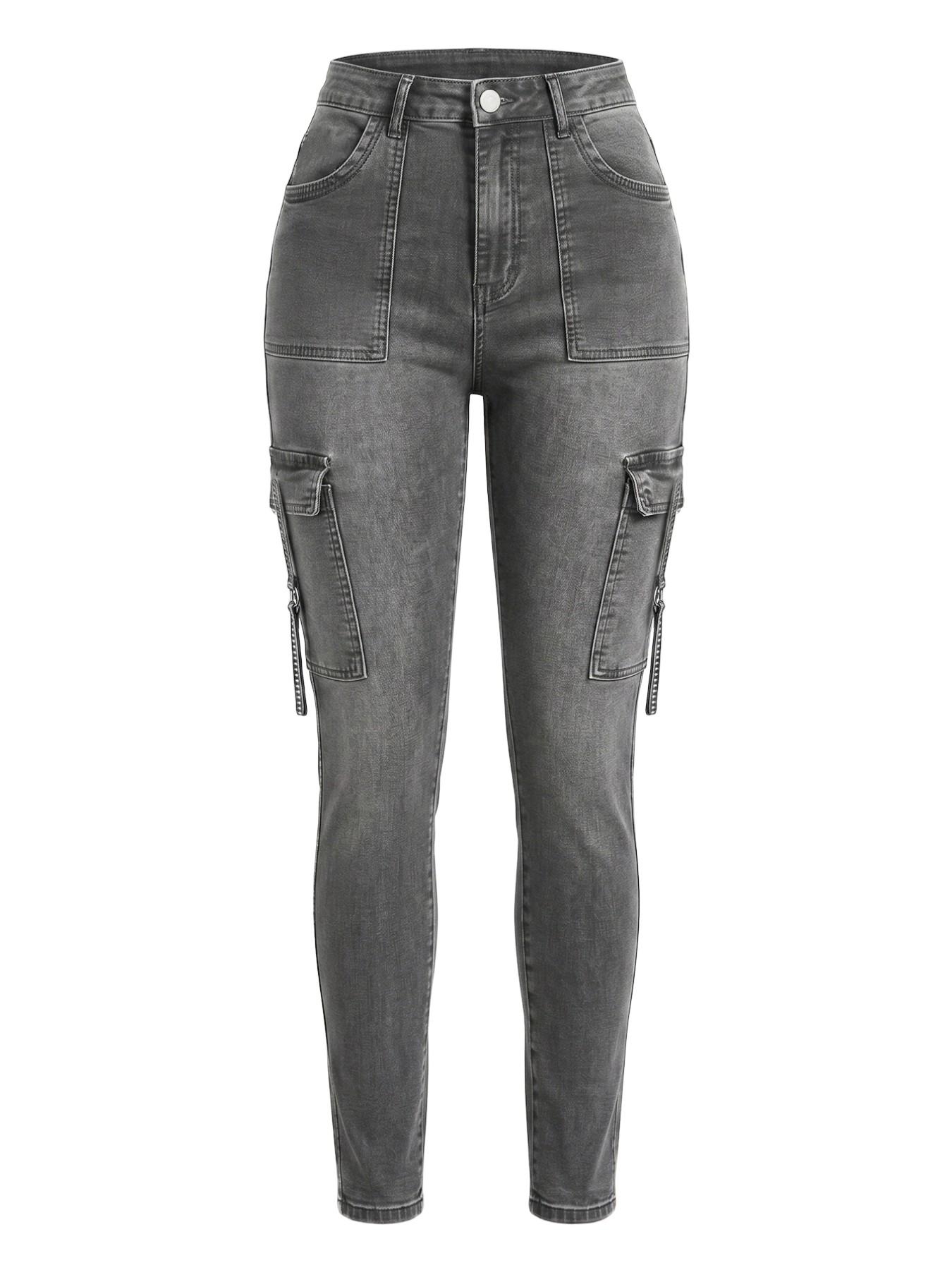 Women's Washed High Waist Denim Jeans, Multi Pocket Strap Decor, Slim Fit Cargo Style, Ideal for Streetwear, Fall & Winter
