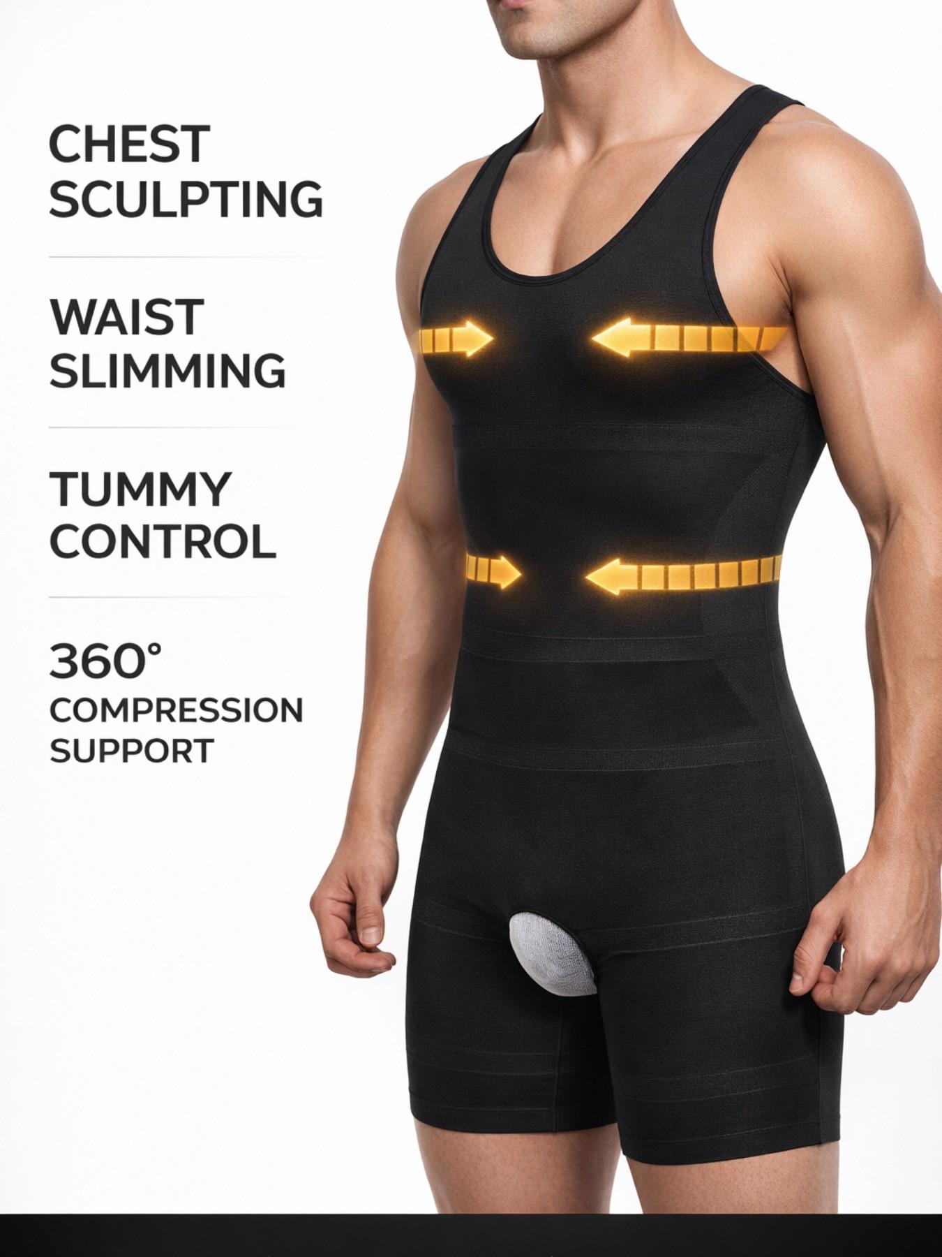 Men’s Full Body Compression Shapewear Bodysuit, Tummy Control Slimming Tank Top Shorts, Chest Sculpting Waist Trainer, Plus Size
