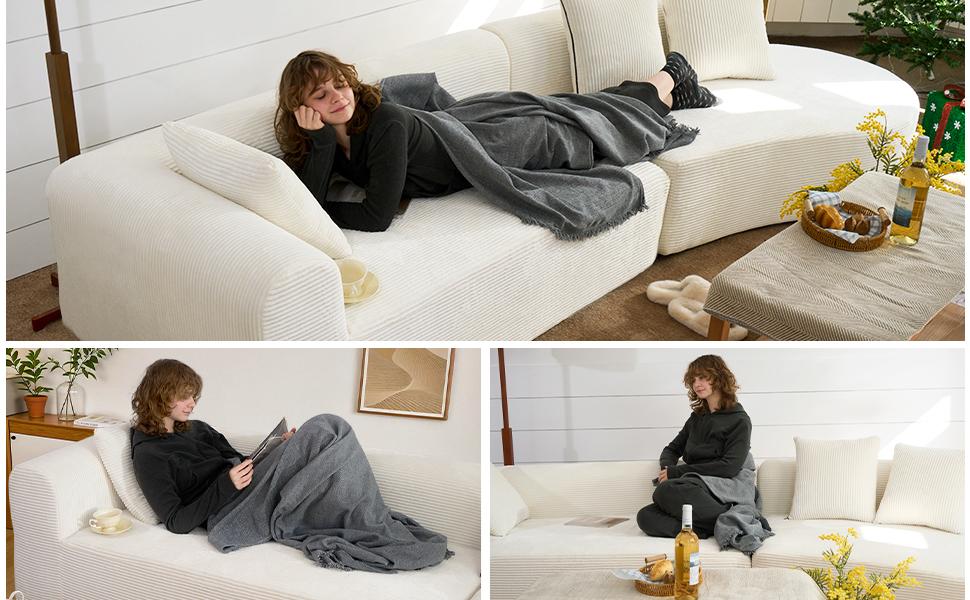 【Shipped in Two Packages】Modern Style Curved Sofa, Upholstery Corduroy Sofa Couch with 3 Pillows, Oversized Sleek Curved Sectional Boucle Fabric Couch for Living Room White