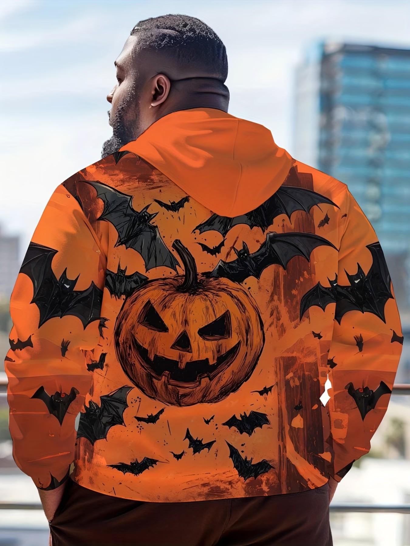 Men's Casual Oversized Graphic Print Hoodie, Halloween Theme All over Print, Long Sleeve Loose Fit, Bat Pumpkin Design, Streetwear Sweatshirt