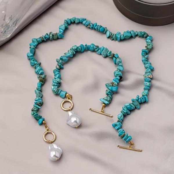 Women's 2-Piece Bohemian Jewelry Set, Baroque Pearl & Irregular Turquoise Beaded Pendants, Boho Charm for Beach Party & Casual Daily Matching, Baroque Pearls, Irregular Shape, Set Includes 2 Pcs, Turquoise Beads, Alloy Metal Chain, Boho Casual, Irregular