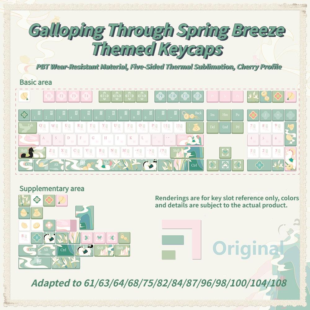 New Galloping Through Spring Breeze Theme Keycaps, Cherry Profile, Dual Color Pbt, Heat Transfer, Durable, High Aesthetic, for Mechanical Keyboard Players