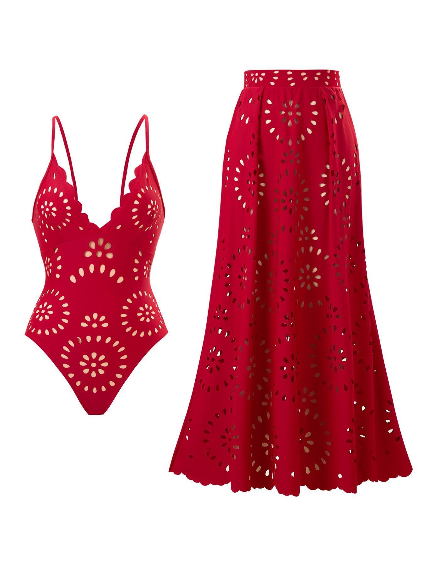 Women's Sexy Laser Cut Hollow Lace One-Piece Swimsuit Set, Slimming Beach Vacation Two-Piece Swimwear with Skirt, Casual Fitted Design