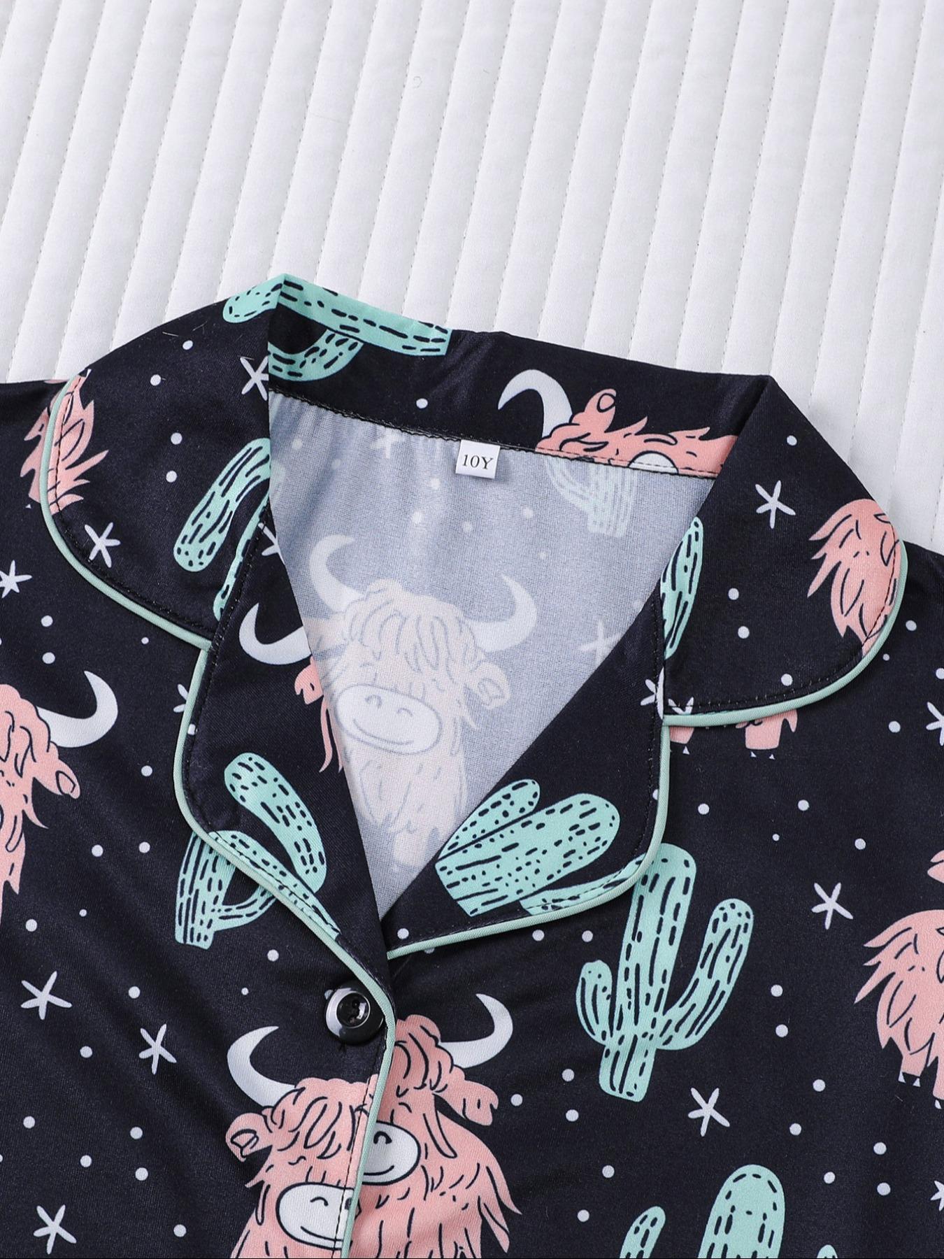 Children's pajamas 2 sets of cute little yak printed children's pajamas for girls and boys, new for summer 202, flame retardant, thin short-sleeved shorts 2 sets of pajamas for children can be worn outside as home clothes 2 sets of Print Sleepwear