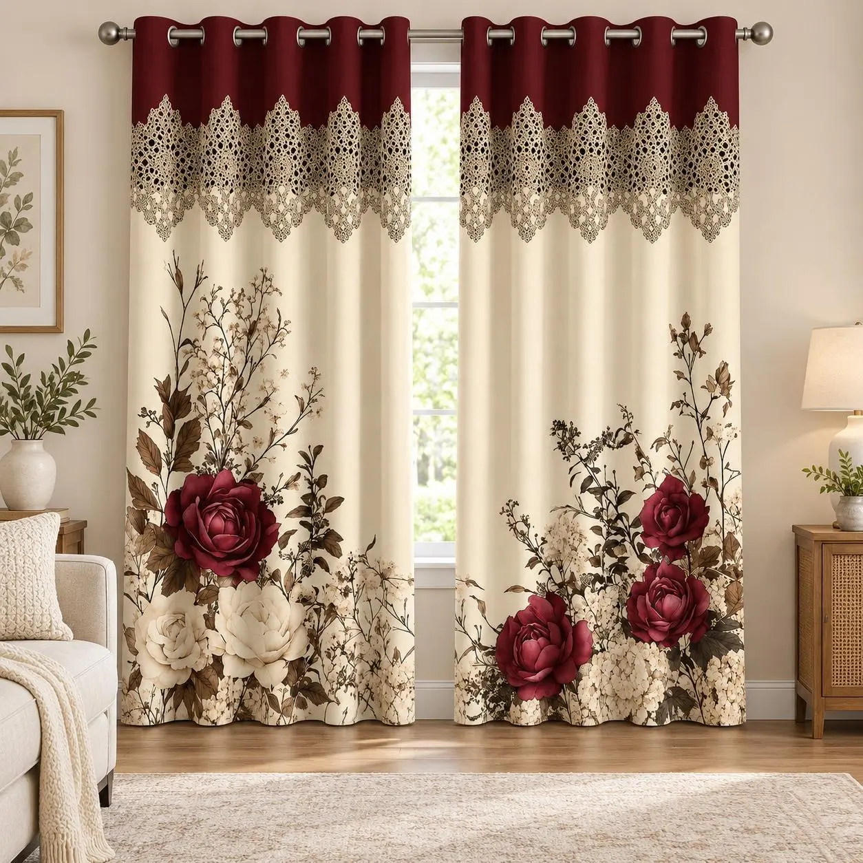 Elegant Burgundy Rose Blackout Curtains, Vintage Lace Floral Window Drapes, Ivory Cream Botanical Printed Curtains for Living Room Bedroom, Romantic Farmhouse Home Decor,sohochic