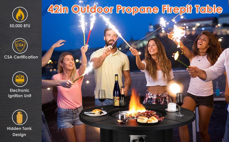 42-Inch Propane Fire Pit Table - 50,000 BTU with Auto-Ignition, Round Gas Fire Pit for Outdoor Patios, Includes Waterproof Cover, Blue Stone Finish and Lid - CSA Certified，Ideal for party