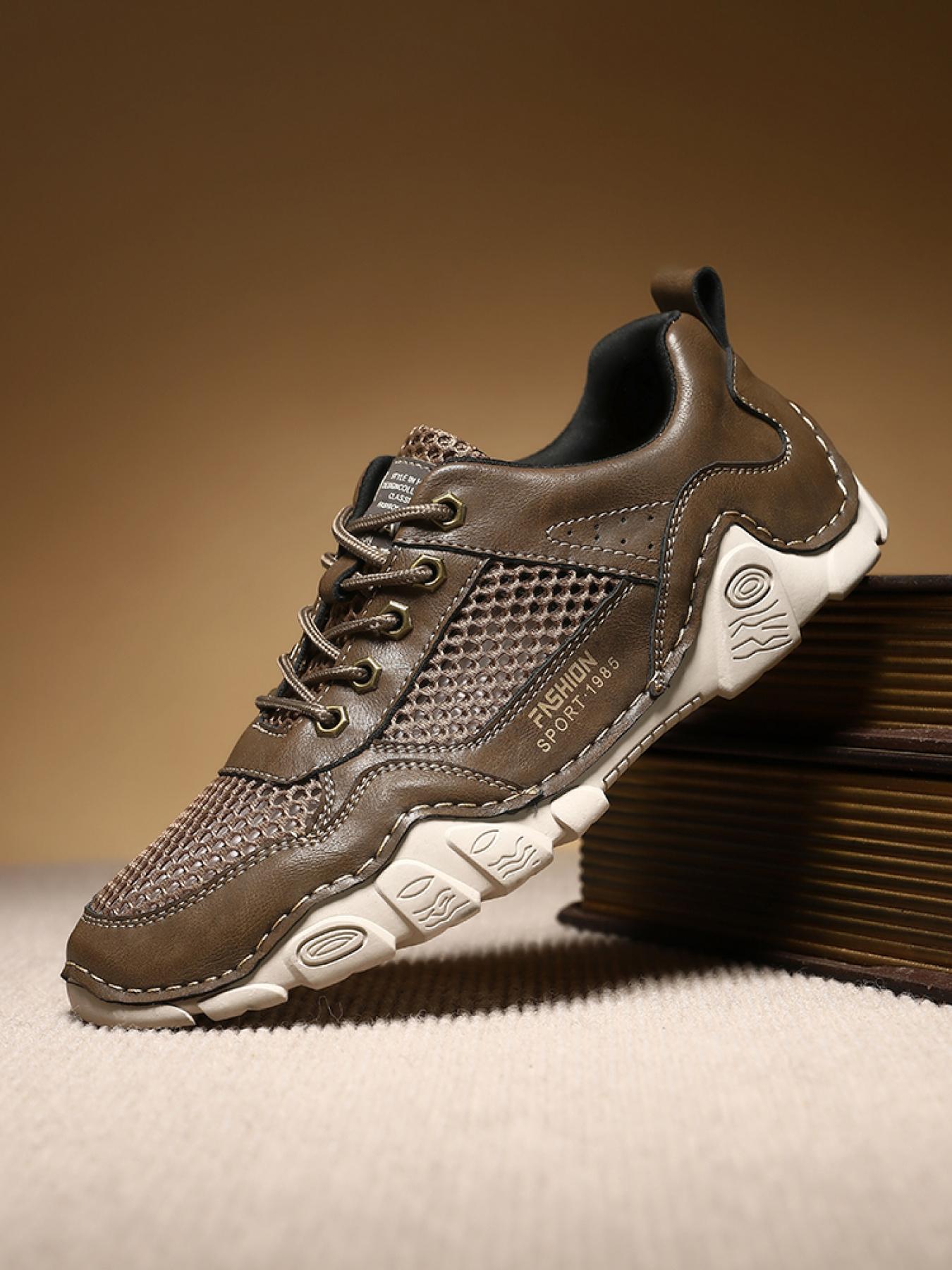 Men's Solid Color Mesh Patchwork Casual Sneakers, Hand-Stitched Thick-Soled Non-Slip Hiking Shoes, Trendy Versatile Breathable Dad Shoes