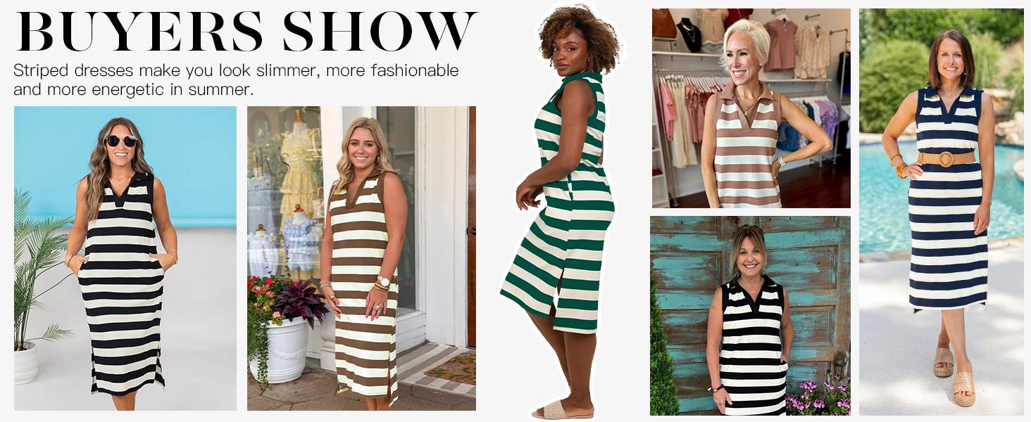 Wenrine Women's Striped Summer Dress Casual Polo V Neck Sleeveless Slit Loose Fit T Shirt Midi Dresses