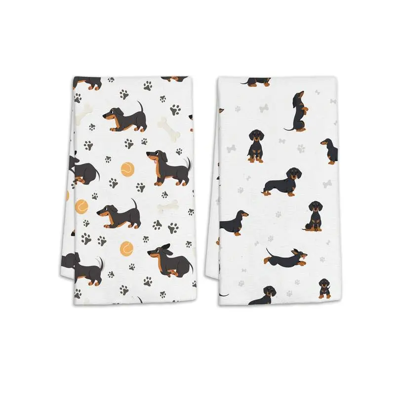 2-pack, Dachshund kitchen towels 16*24 inches, cute dachshund paw print, bone, and tennis ball print dishcloth, cartoon pet puppy decorative tea towels, absorbent hand towels, a heartwarming housewarming or birthday gift for dachshund owners.
